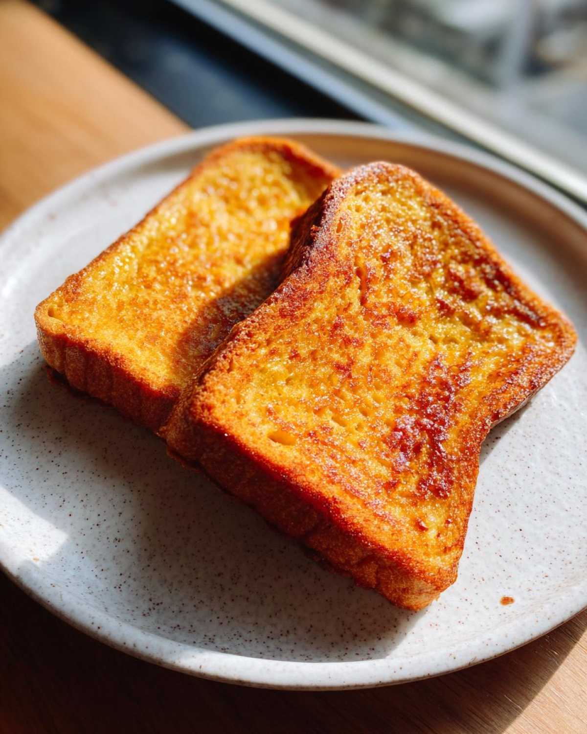 Two golden brown slices of easy french toast resting on a speckled white plate.