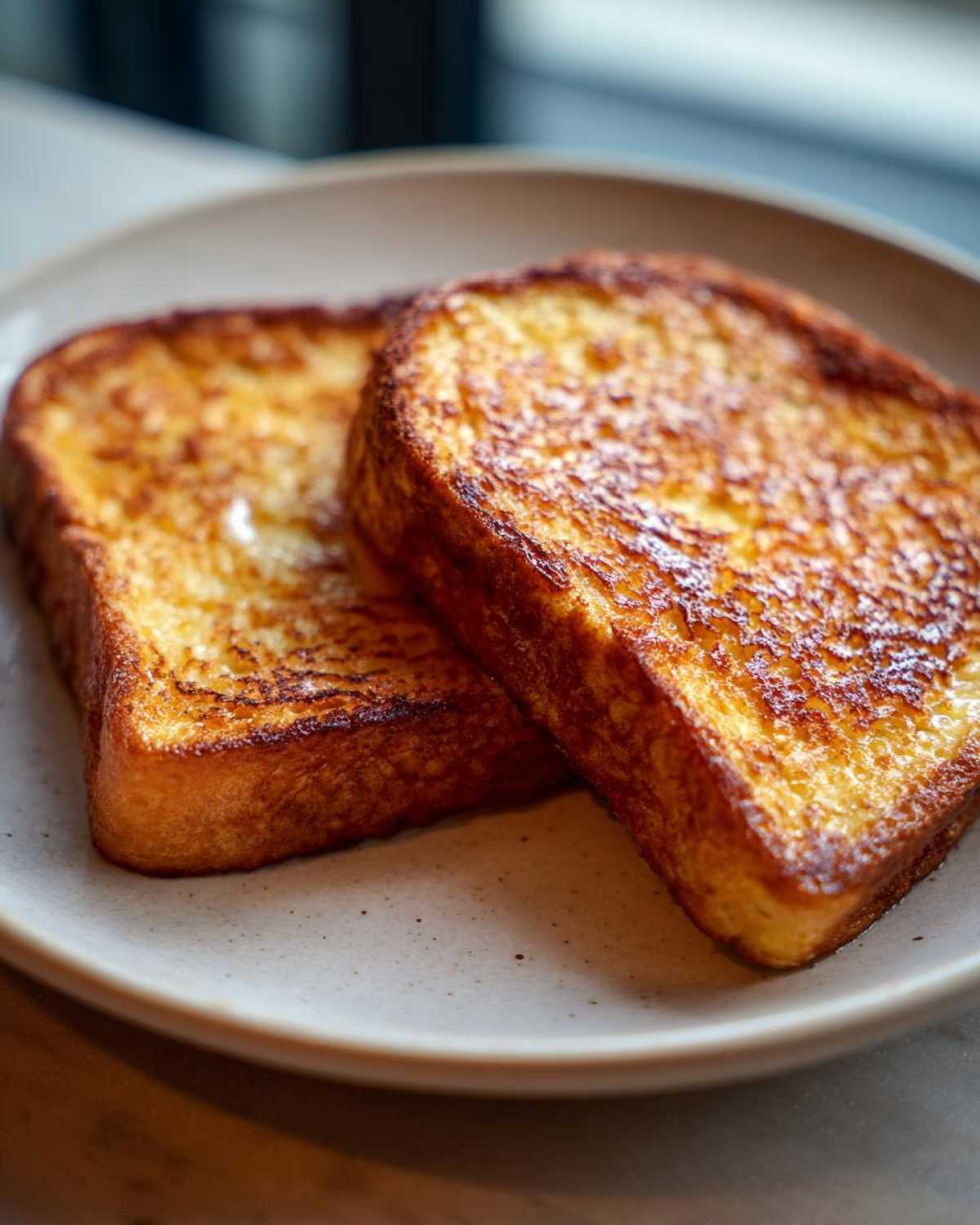 Close-up of two perfectly golden brown slices of easy french toast on a speckled white plate.