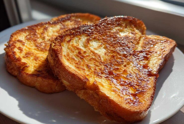 Close-up of two golden brown slices of easy french toast stacked slightly on a white plate.