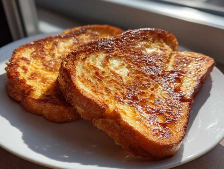 Close-up of two golden brown slices of easy french toast stacked slightly on a white plate.