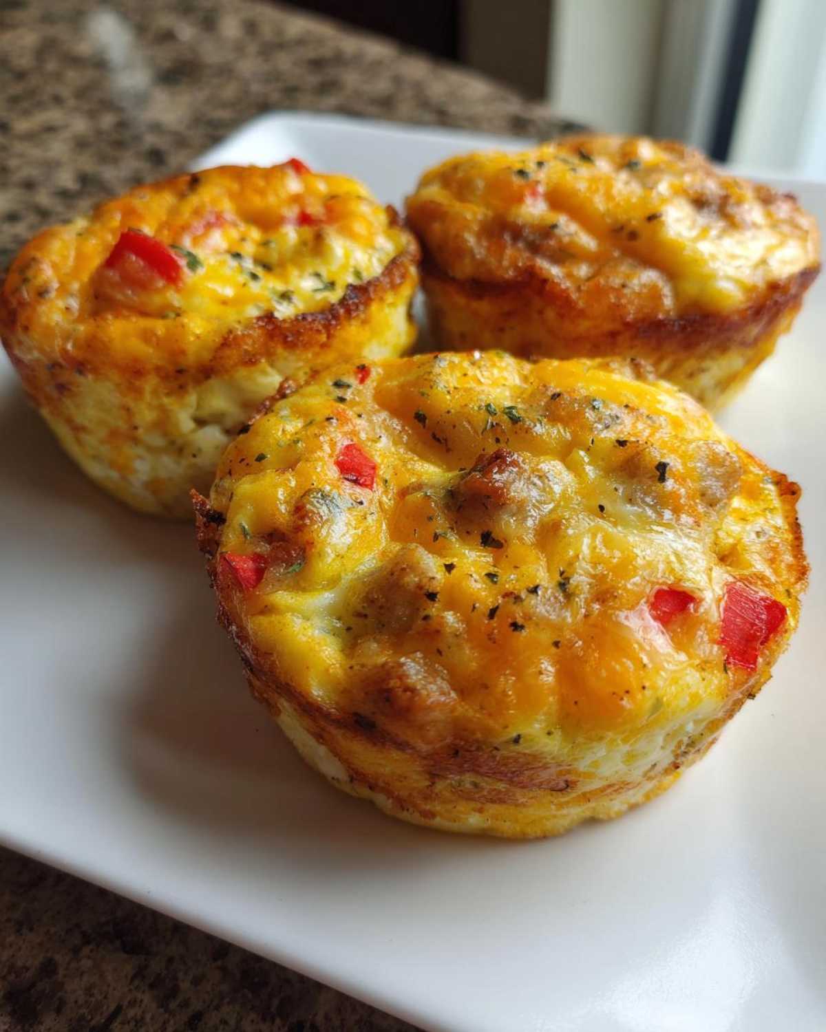 Close-up of three perfectly baked Egg Muffin Cups with visible cheese, sausage, and red pepper pieces.