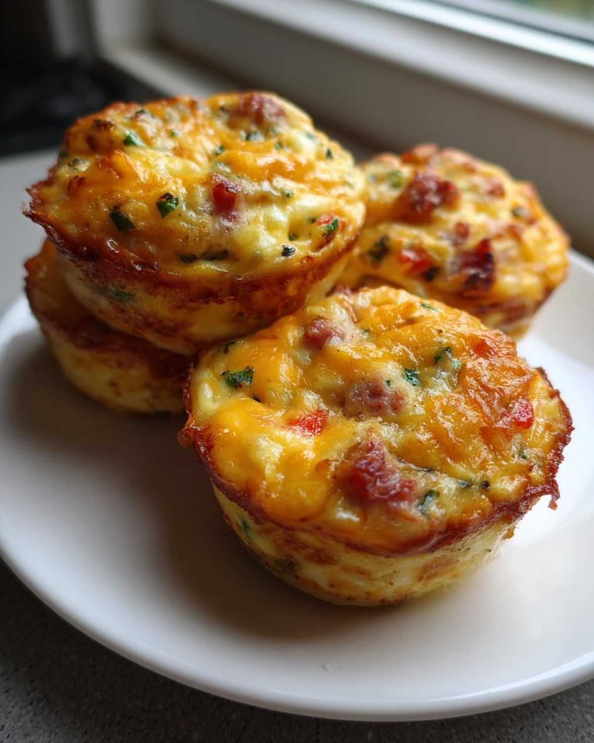 A close-up of several golden brown Egg Muffin Cups topped with melted cheddar cheese, resting on a white plate.