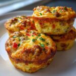 Close-up of four golden brown Egg Muffin Cups stacked on a white plate, garnished with parsley.