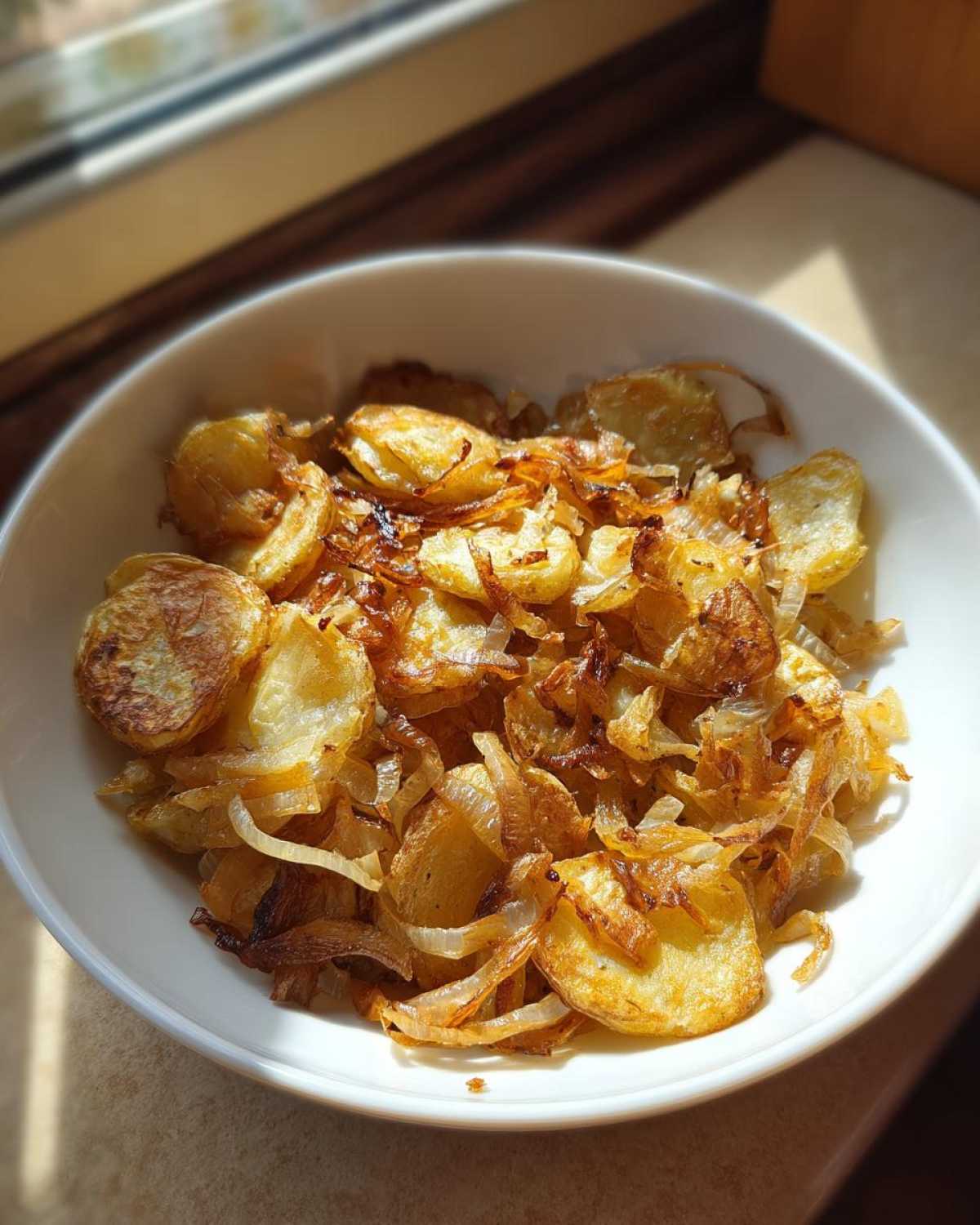 A white bowl filled with perfectly golden brown fried potatoes and crispy caramelized onions.