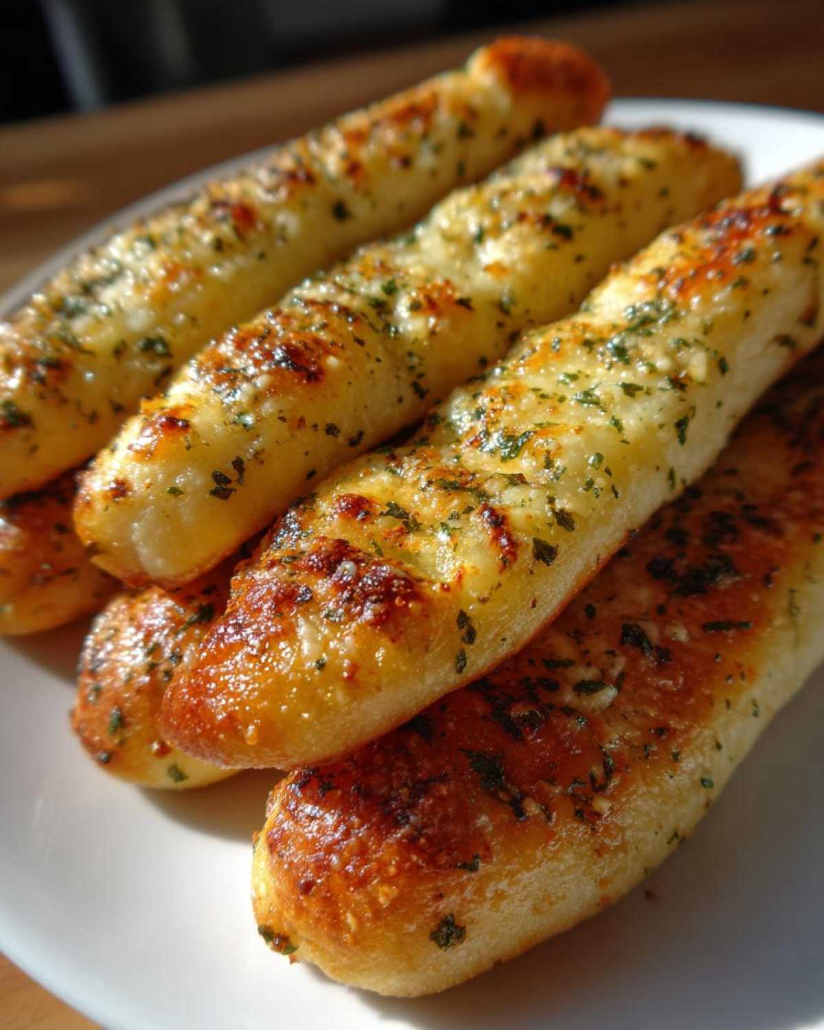 Close-up of several golden, cheesy breadsticks seasoned with garlic and parsley, piled on a white plate.