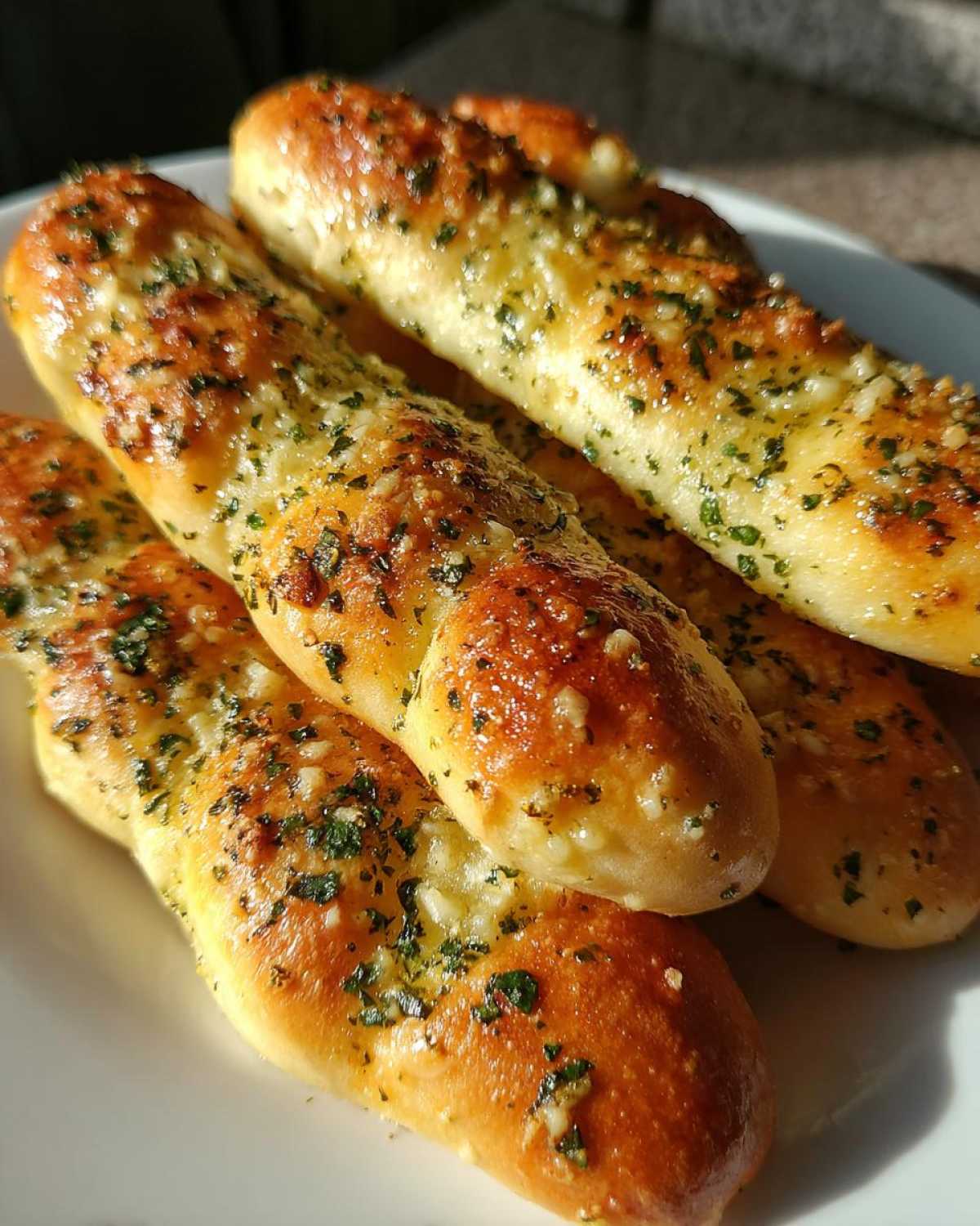 A close-up of several golden brown, glistening garlic butter breadsticks topped with fresh parsley.