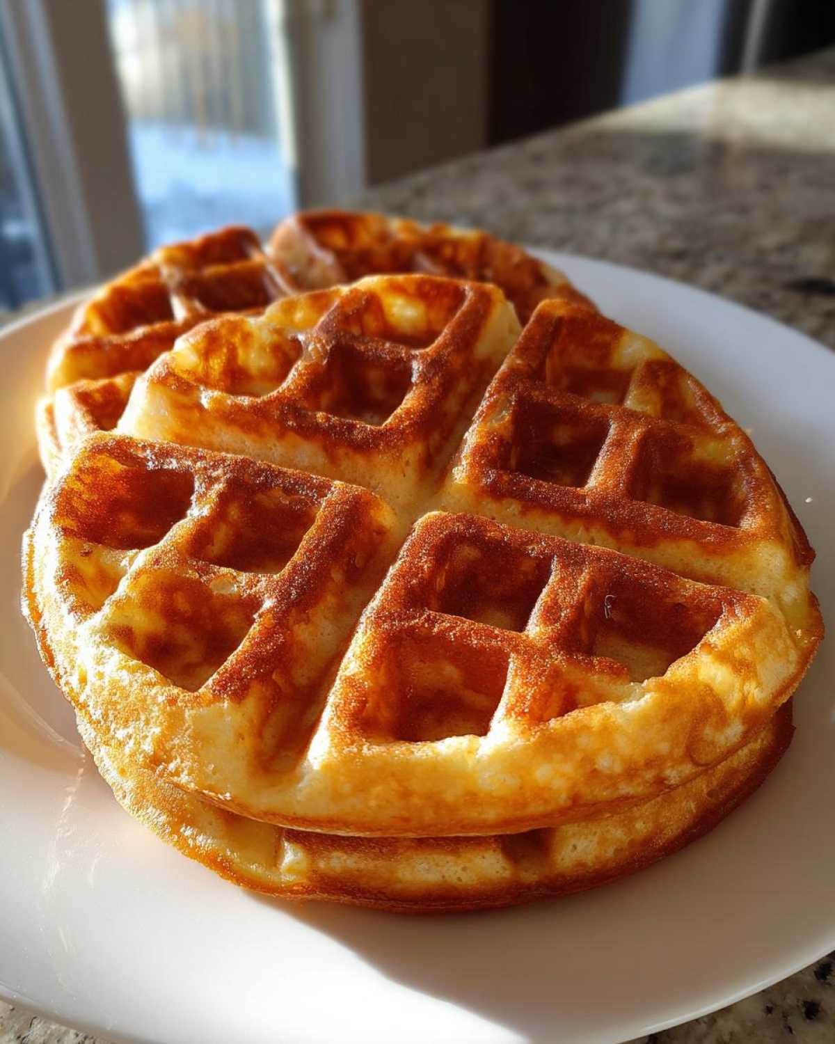 Close-up of two golden brown, freshly made high protein waffles stacked on a white plate indoors.