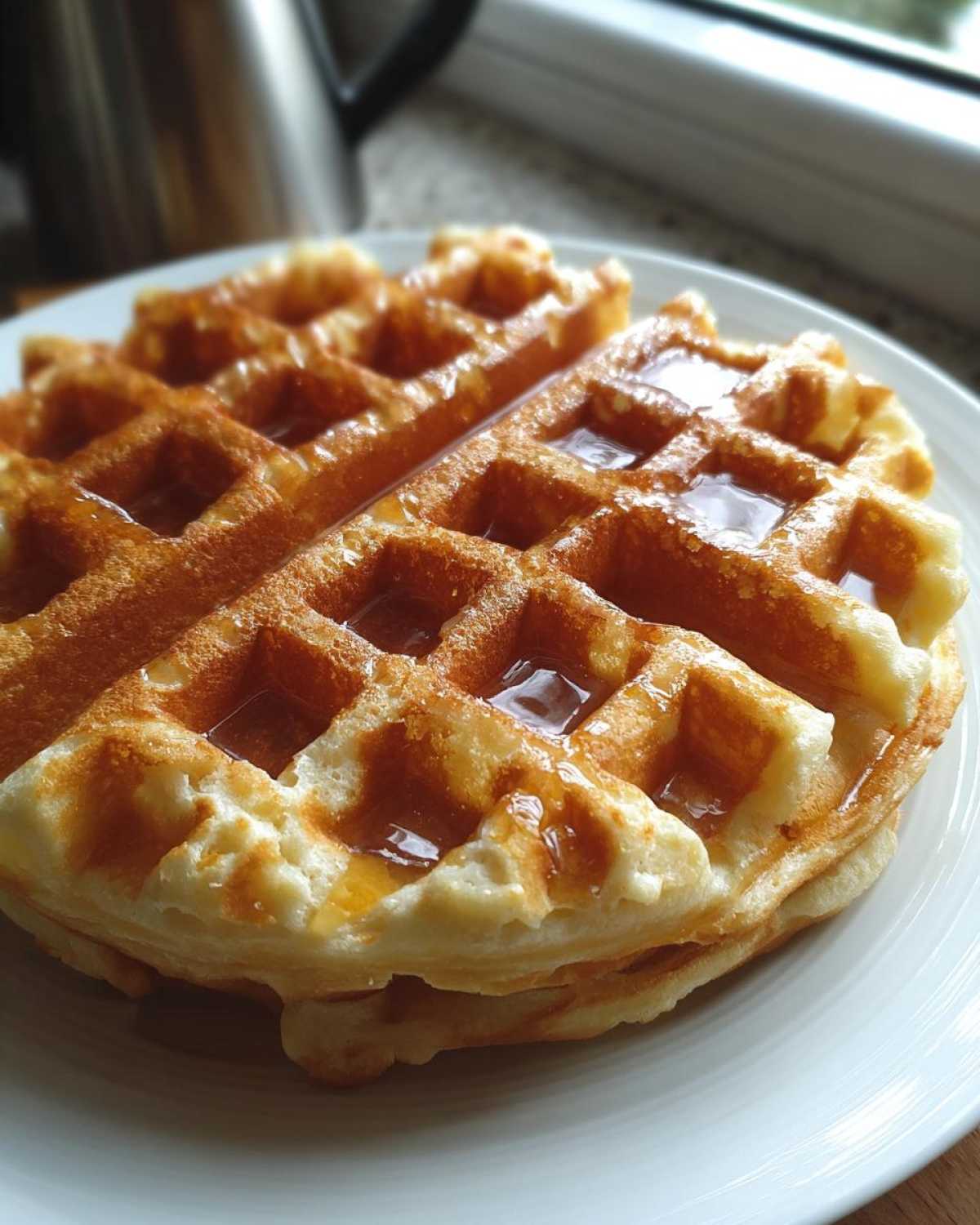 Close-up of golden brown high protein waffles drizzled generously with syrup on a white plate.