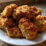 A close-up of a pile of crispy, golden brown homemade chicken nuggets served on a white plate.
