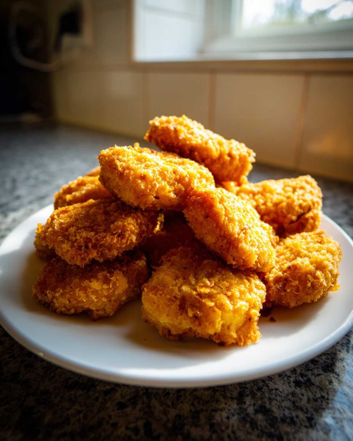 A pile of freshly cooked, golden brown homemade chicken nuggets stacked on a white plate.