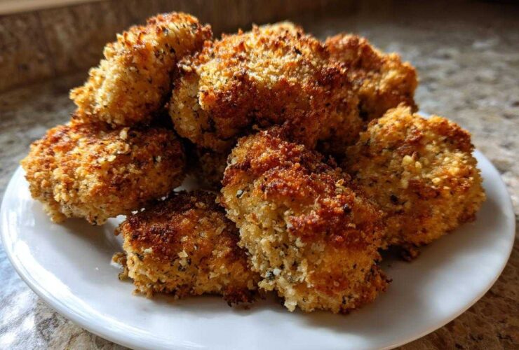 A close-up of a pile of crispy, golden brown homemade chicken nuggets served on a white plate.