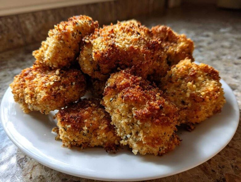 A close-up of a pile of crispy, golden brown homemade chicken nuggets served on a white plate.