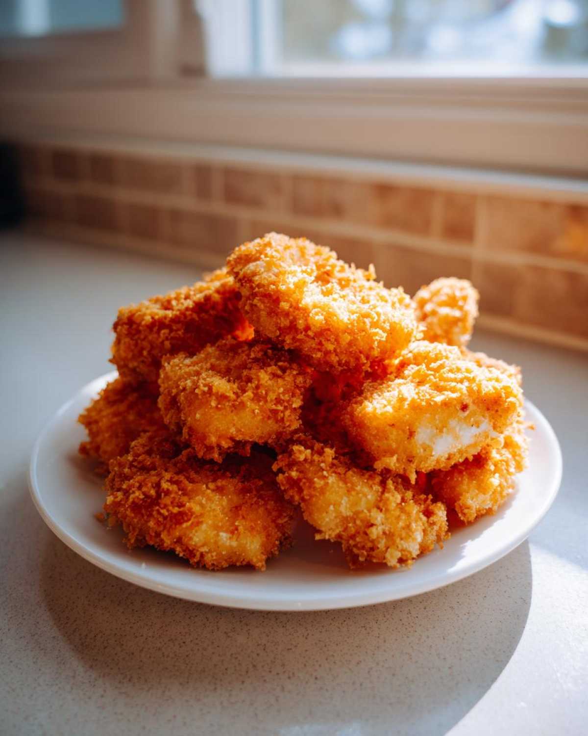 A pile of crispy, golden homemade chicken nuggets stacked high on a small white plate near a sunlit window.