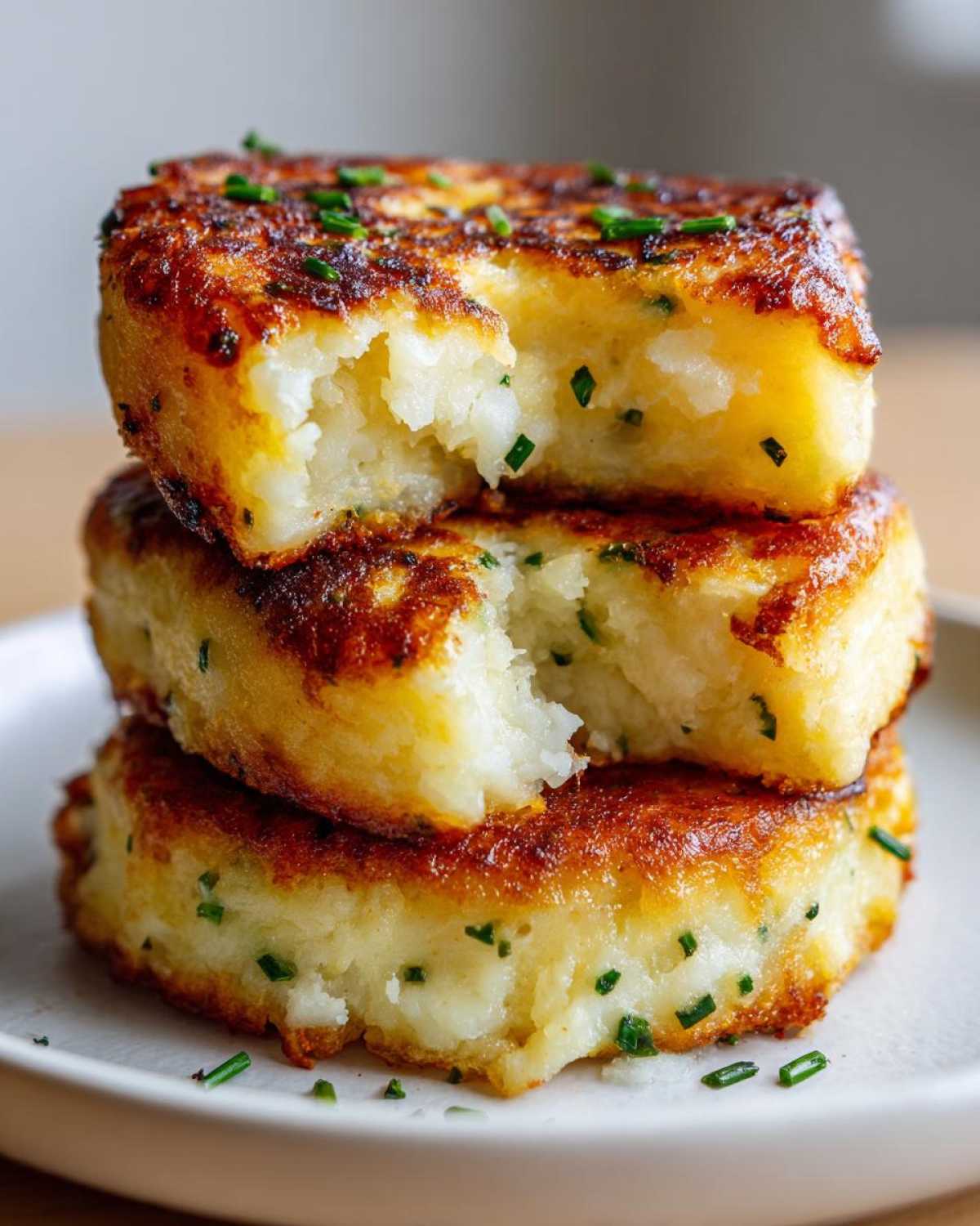 A stack of three golden brown mashed potato cakes, garnished with fresh chives, one showing a bite taken out.
