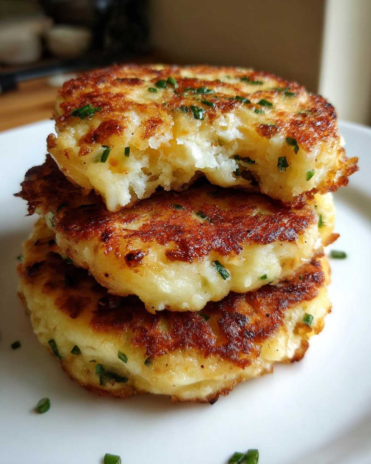 A stack of three golden brown, pan-fried mashed potato cakes topped with fresh chives, one has a bite taken out.
