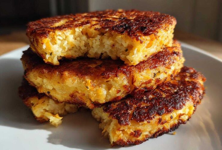 A stack of three golden brown, crispy mashed potato cakes with a fluffy interior, one having a bite taken out.