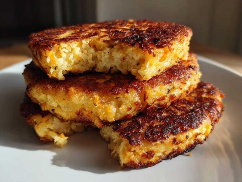 A stack of three golden brown, crispy mashed potato cakes with a fluffy interior, one having a bite taken out.