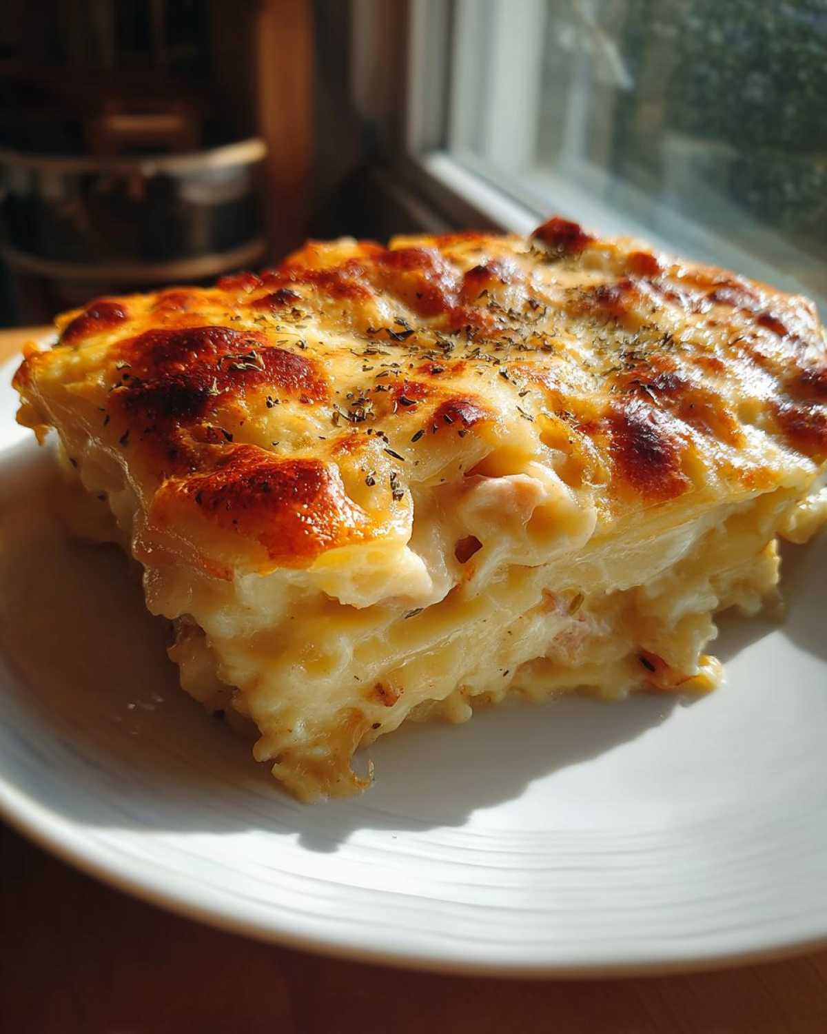 A rich, cheesy slice of scalloped potatoes and ham with a browned top, served on a white plate.
