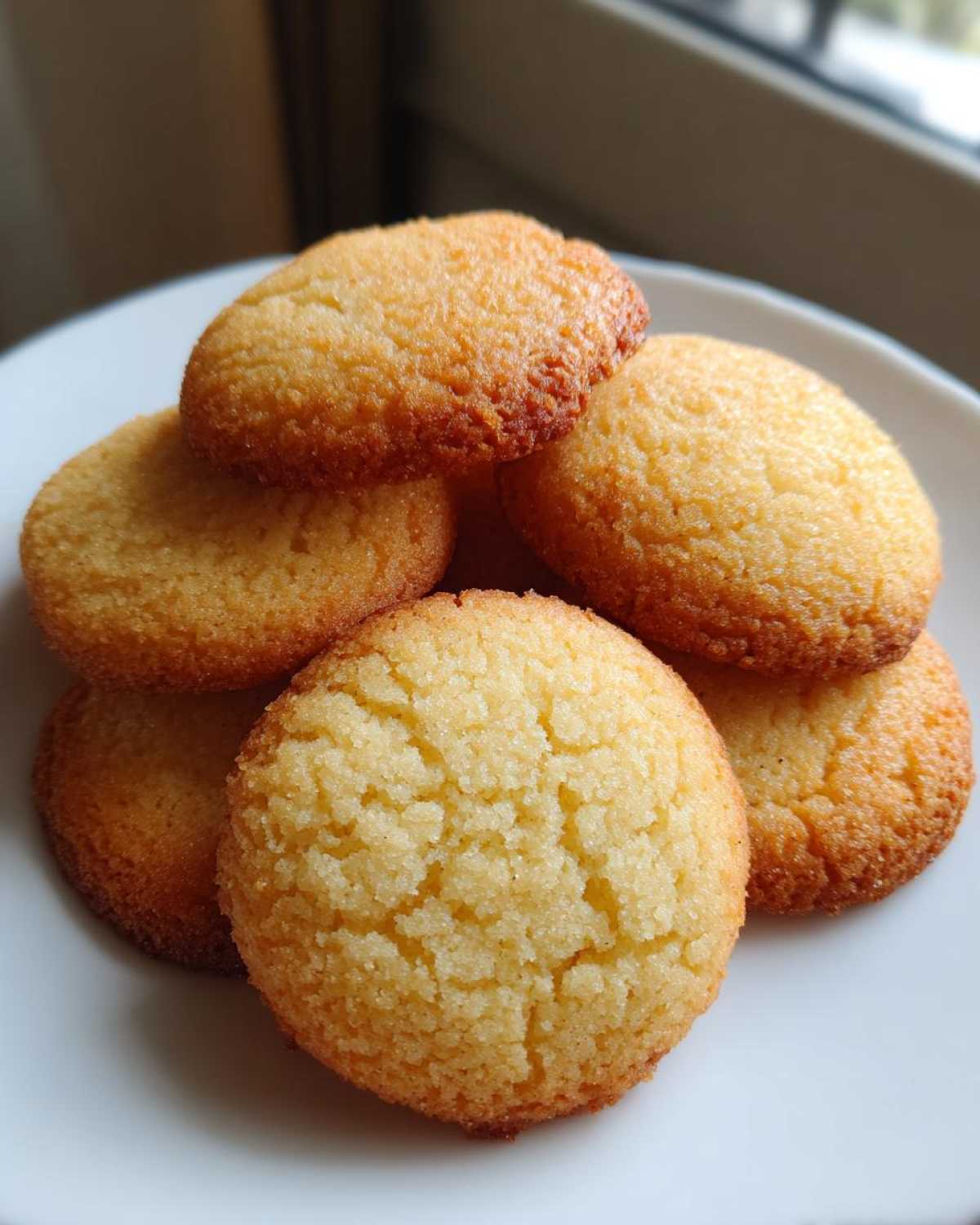 A close-up of several golden brown soft sugar cookies stacked on a white plate.