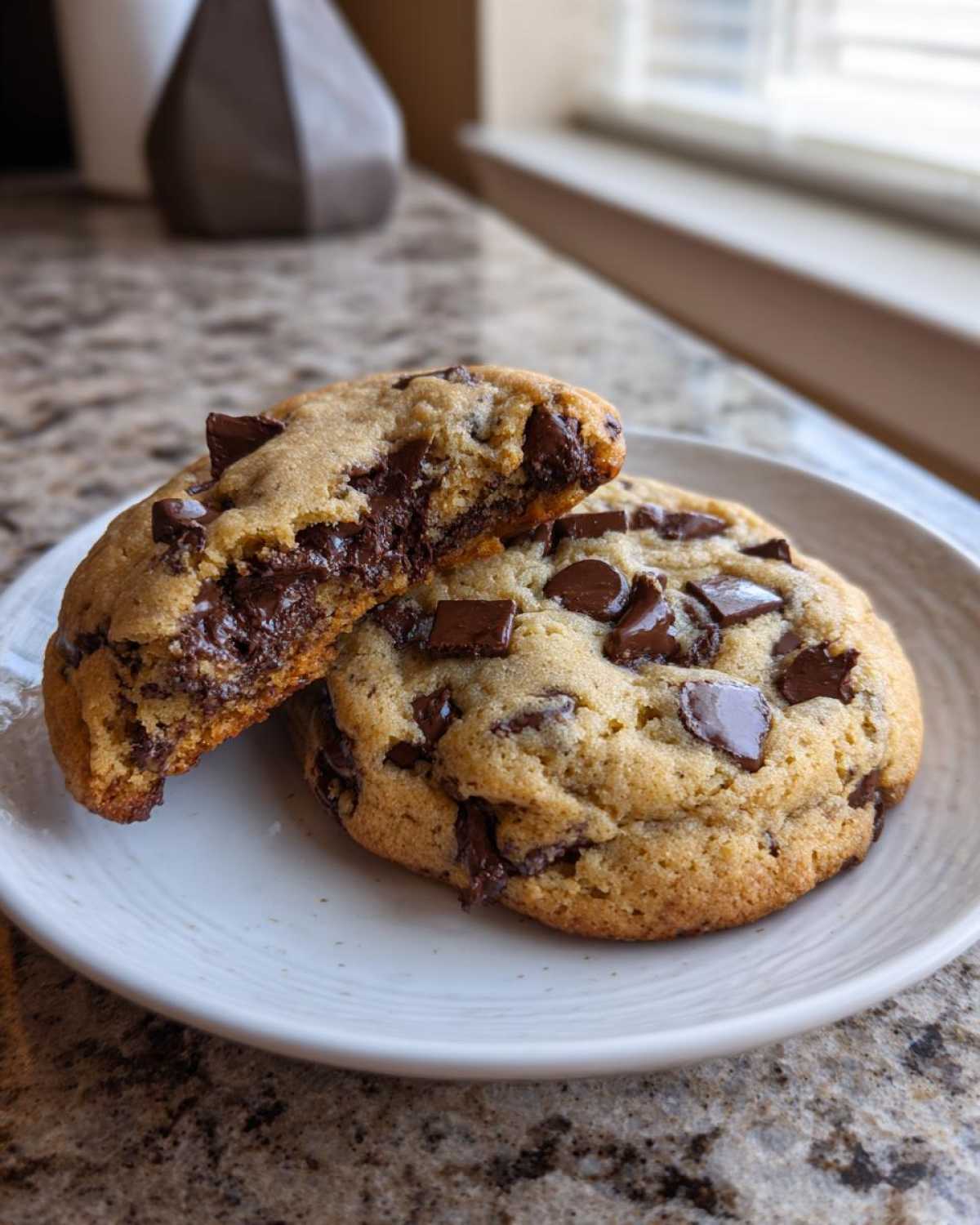 Two amazing chocolate chip cookies on a plate, one broken open showing a gooey, melted chocolate center.