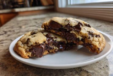 A thick, homemade chocolate chip cookie cut in half showing a molten, gooey chocolate center.