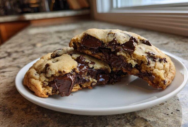 A thick, homemade chocolate chip cookie cut in half showing a molten, gooey chocolate center.