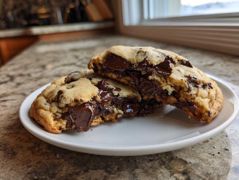 A thick, homemade chocolate chip cookie cut in half showing a molten, gooey chocolate center.
