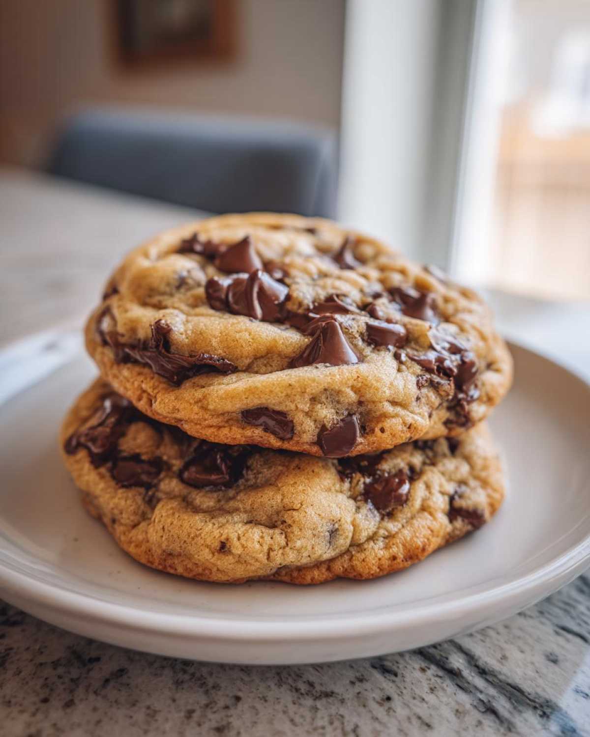 Two perfectly baked, gooey chocolate chip cookies stacked on a white plate.