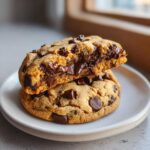 Two stacked, freshly baked chocolate chip cookies, one broken open to show melted chocolate chips.