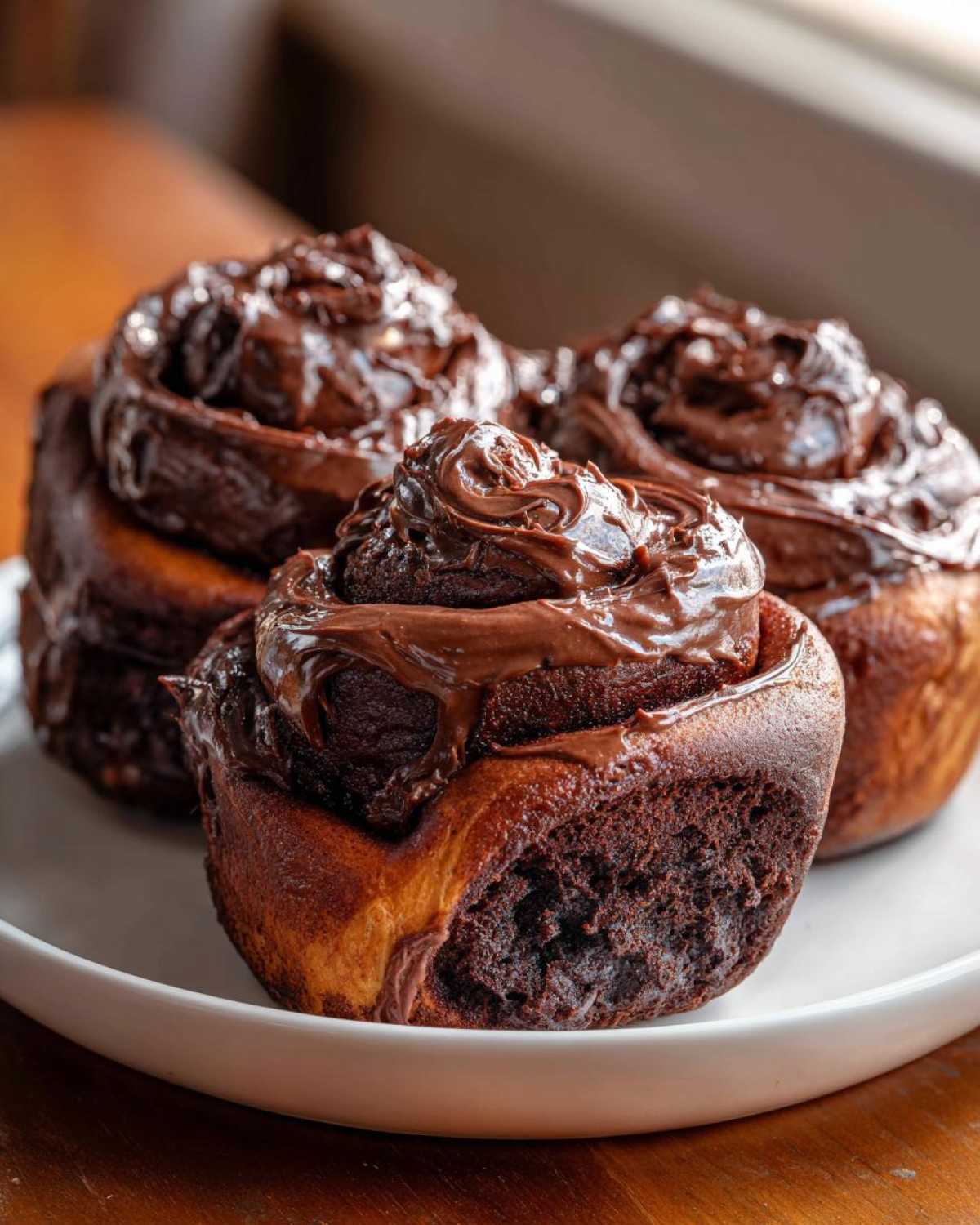 Three decadent chocolate cinnamon rolls generously topped with thick, glossy chocolate frosting.