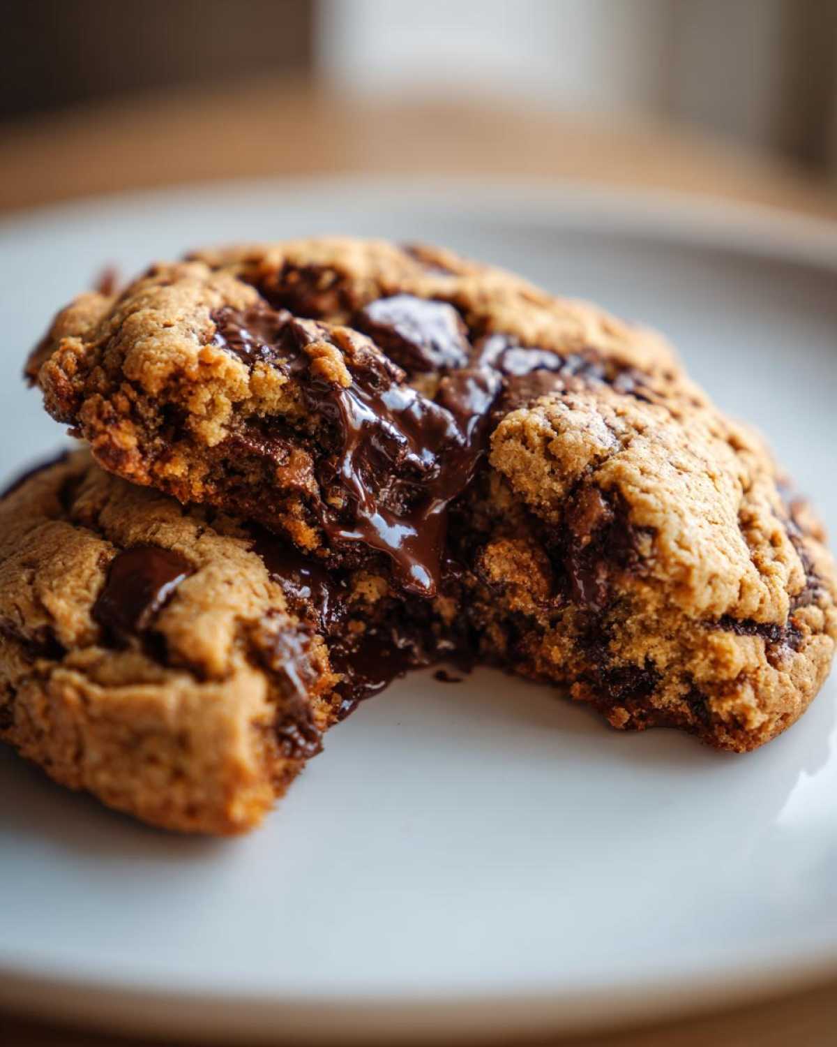 Close-up of a giant levain bakery chocolate chip cookie broken in half, showing gooey, melted chocolate center.