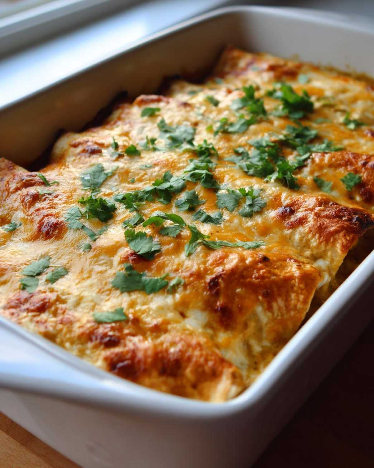 Close-up of baked green chile chicken enchiladas covered in melted cheese and fresh cilantro.