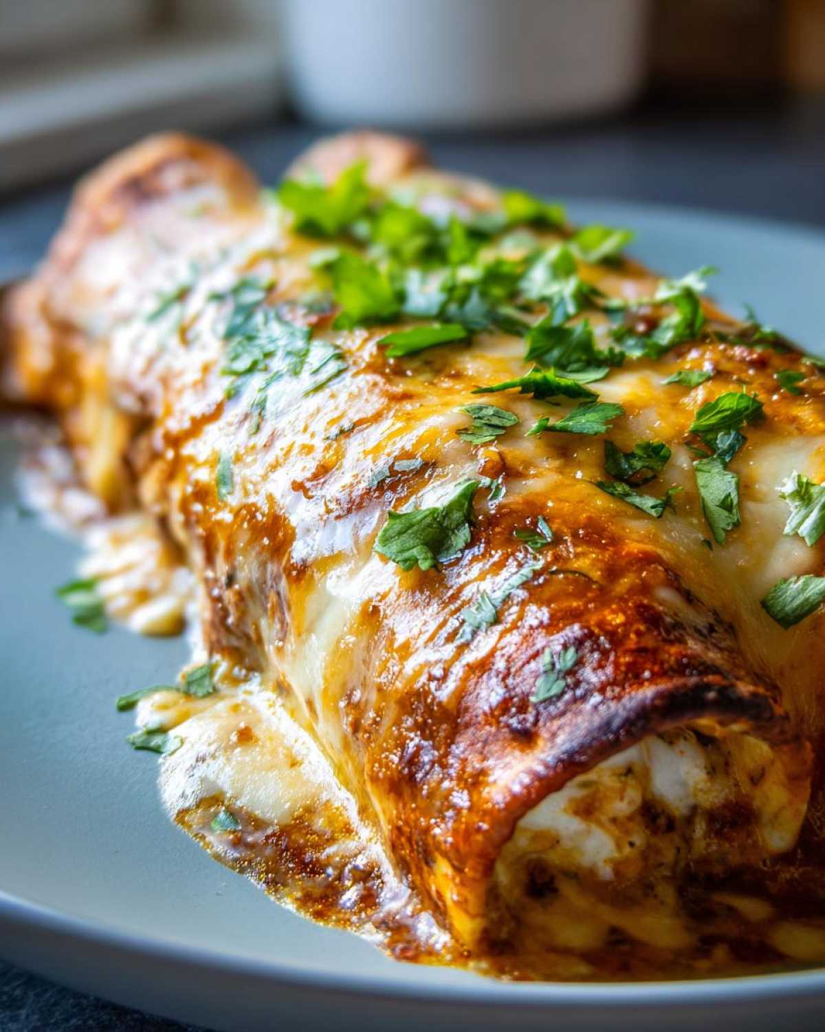 Close-up of two baked green chile chicken enchiladas covered in melted cheese and fresh cilantro.