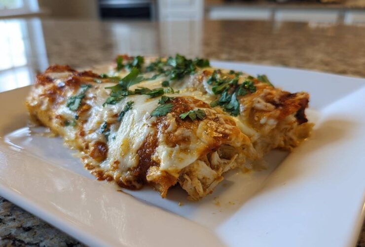 Close-up of two cheesy green chile chicken enchiladas topped with fresh cilantro on a white plate.