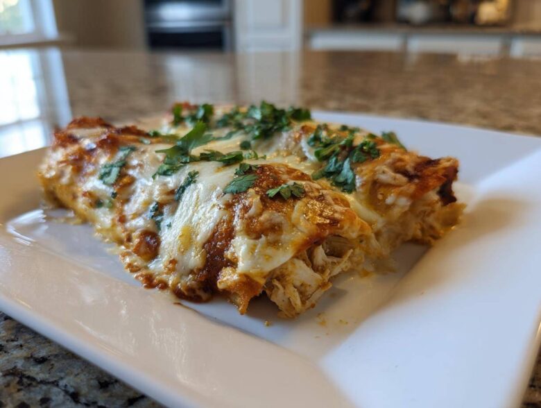 Close-up of two cheesy green chile chicken enchiladas topped with fresh cilantro on a white plate.