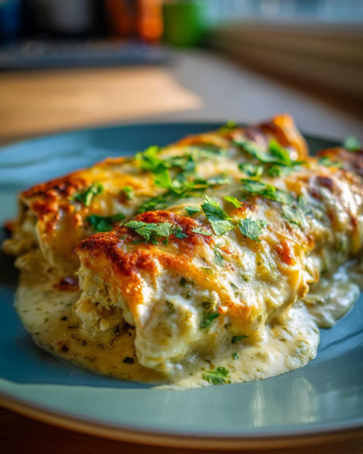 Two baked green chile chicken enchiladas covered in creamy sauce and melted cheese, garnished with fresh cilantro.