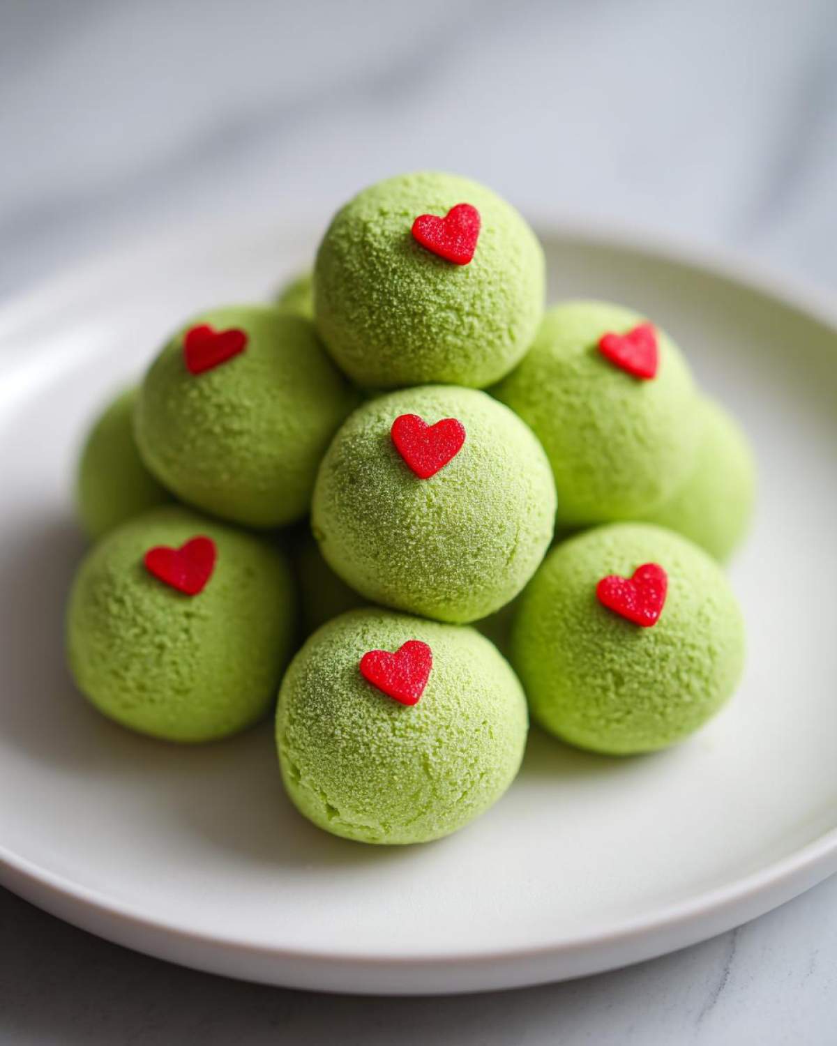 A stack of bright green Grinch Oreo balls topped with small red heart sprinkles on a white plate.