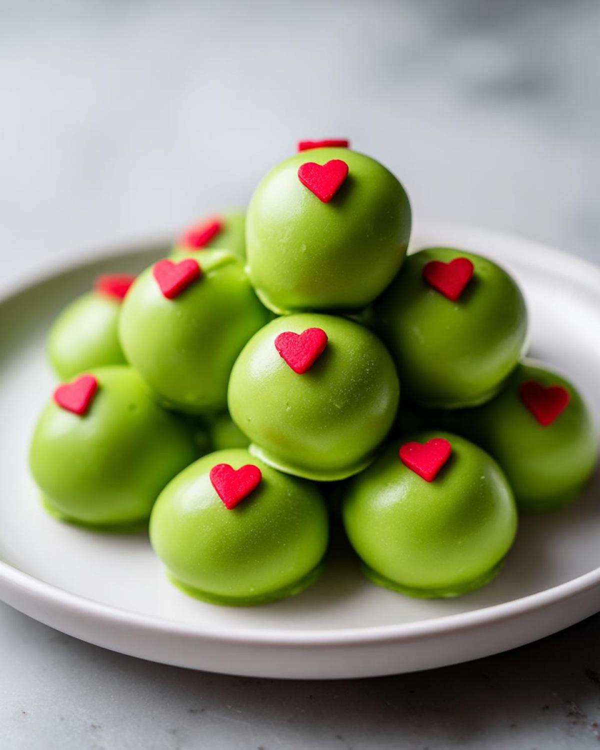 A stack of bright green, perfectly round Grinch Oreo balls topped with small red heart sprinkles.