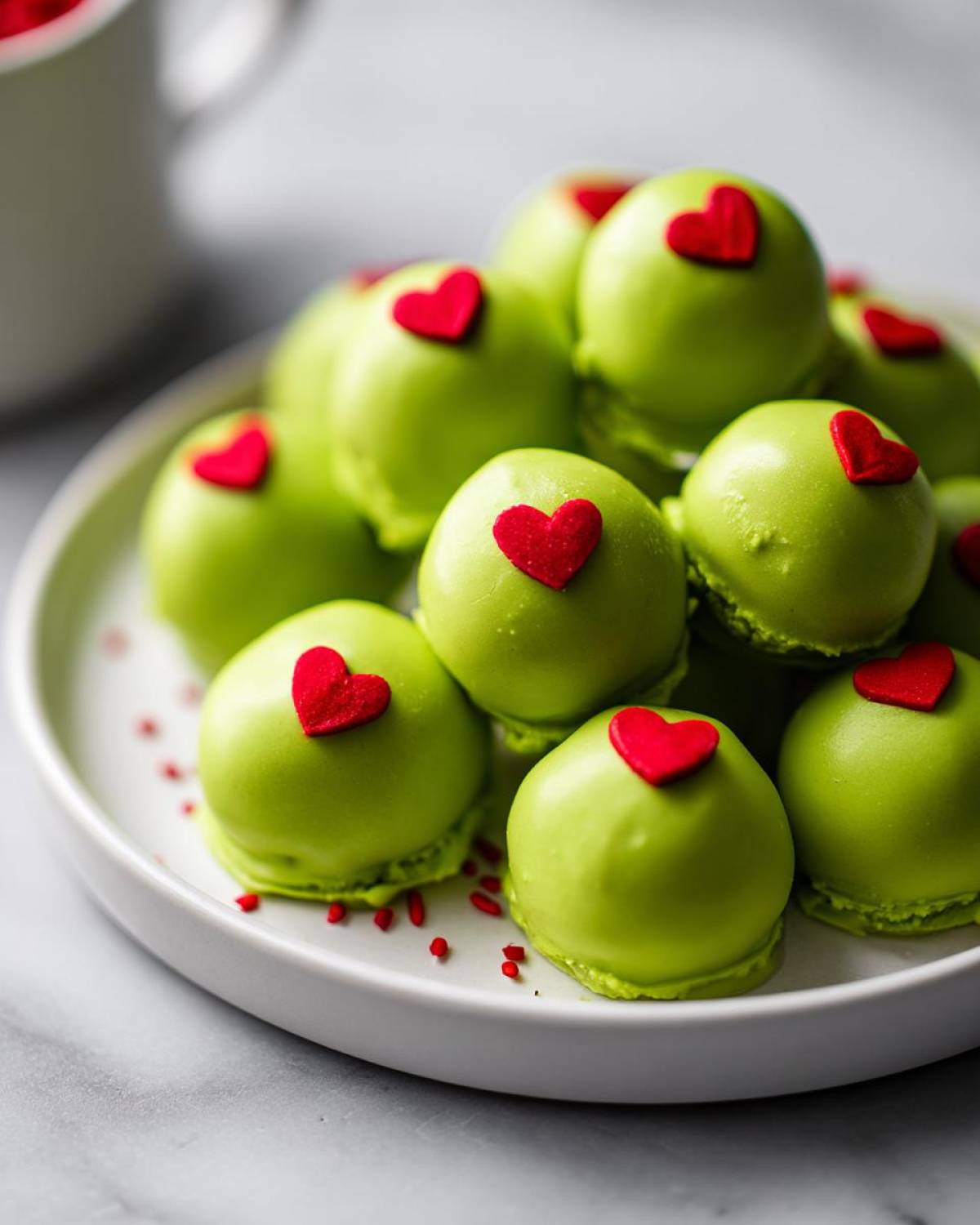 A pile of bright green Grinch Oreo balls topped with small red heart sprinkles on a white plate.
