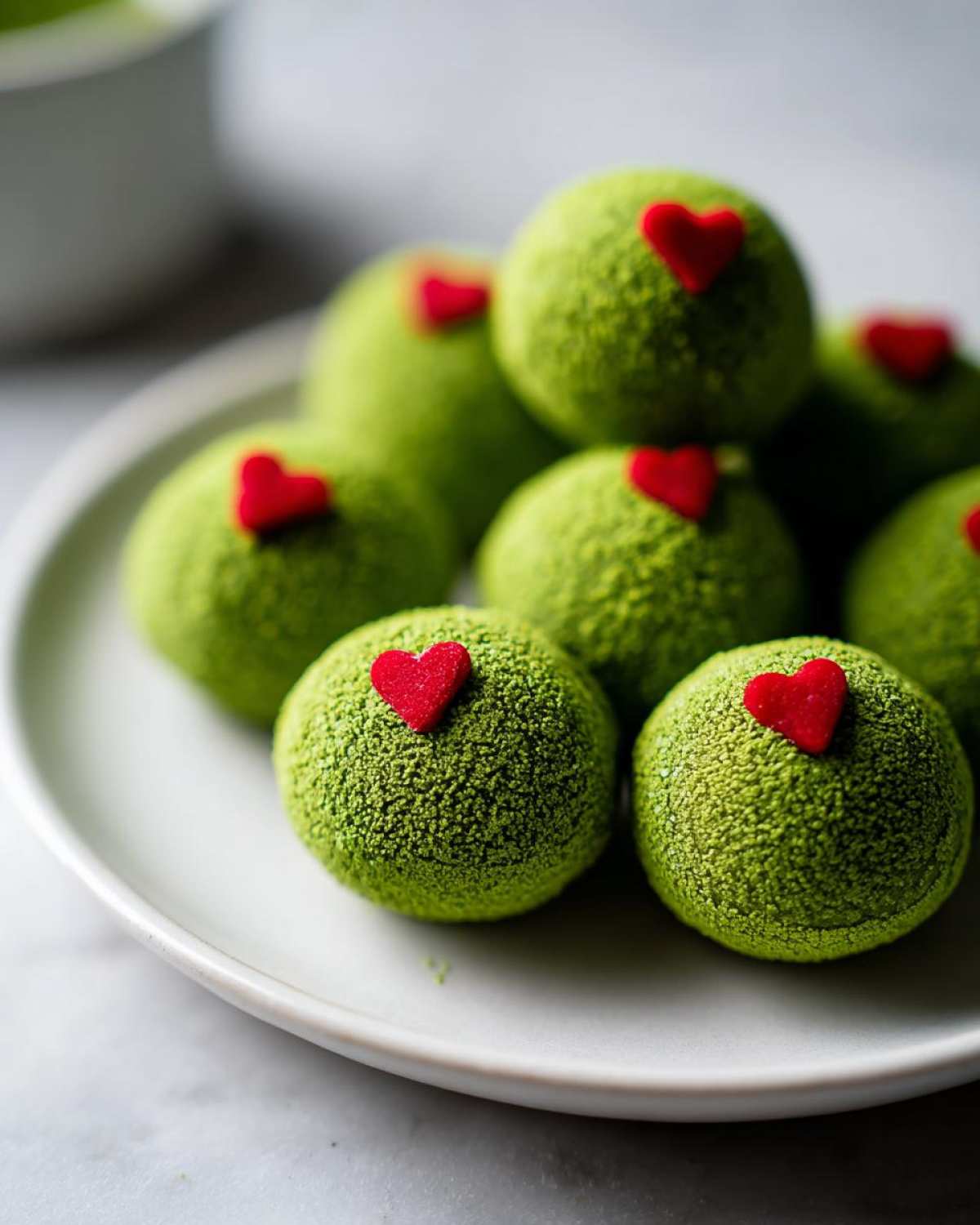 A plate of bright green Grinch Oreo balls, each topped with a small red heart decoration.