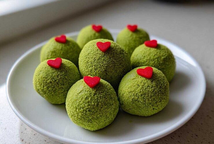 A plate of bright green, textured Grinch Oreo Balls topped with small red heart sprinkles.