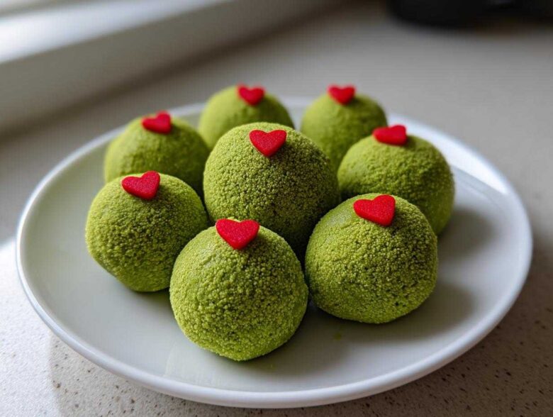A plate of bright green, textured Grinch Oreo Balls topped with small red heart sprinkles.