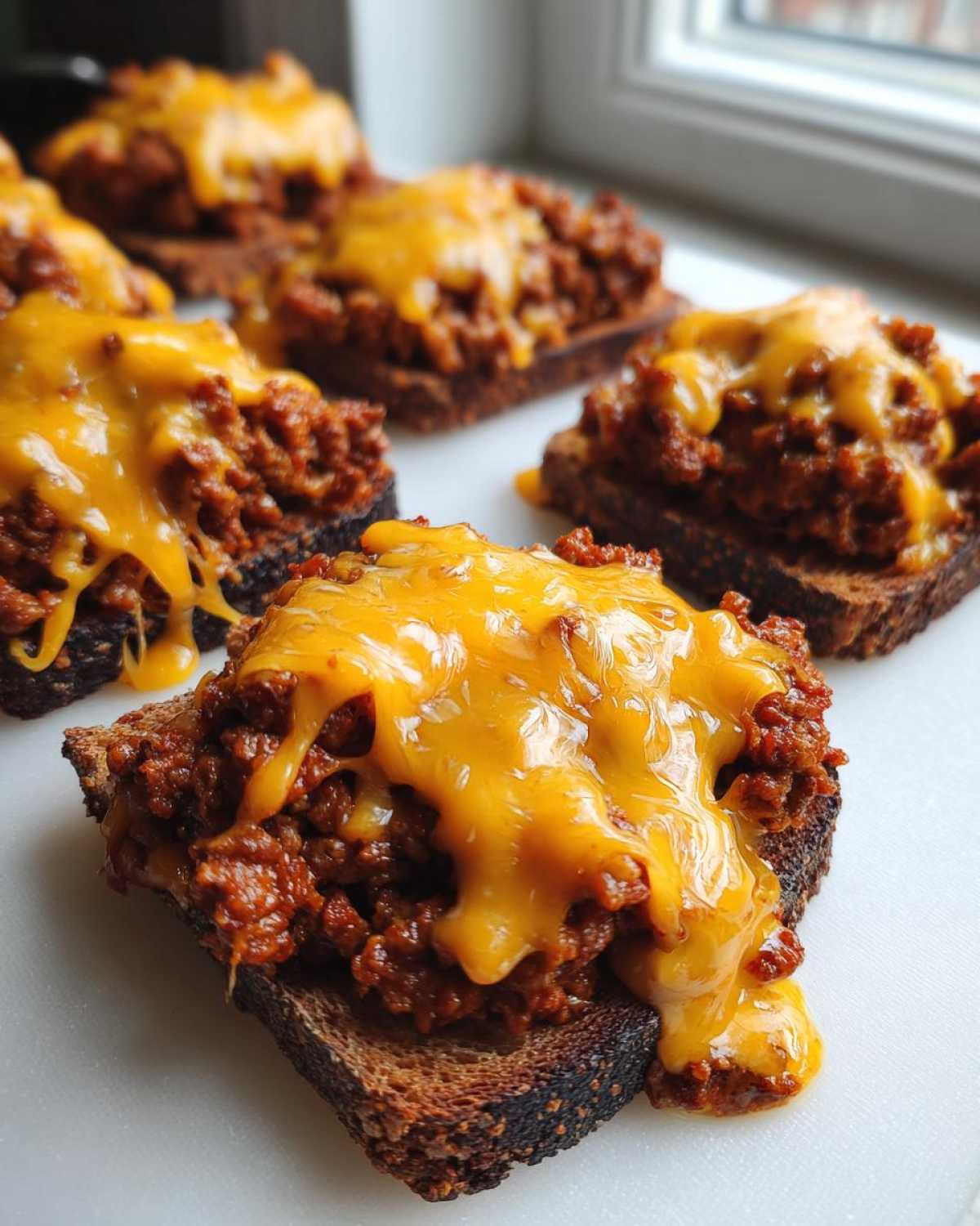 Close-up of open-faced bites featuring a savory meat mixture topped with melted cheddar cheese, part of the hanky panky recipe.
