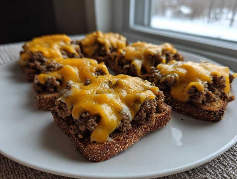 Five servings of the hanky panky recipe served open-faced on toasted bread slices topped with melted cheddar cheese.