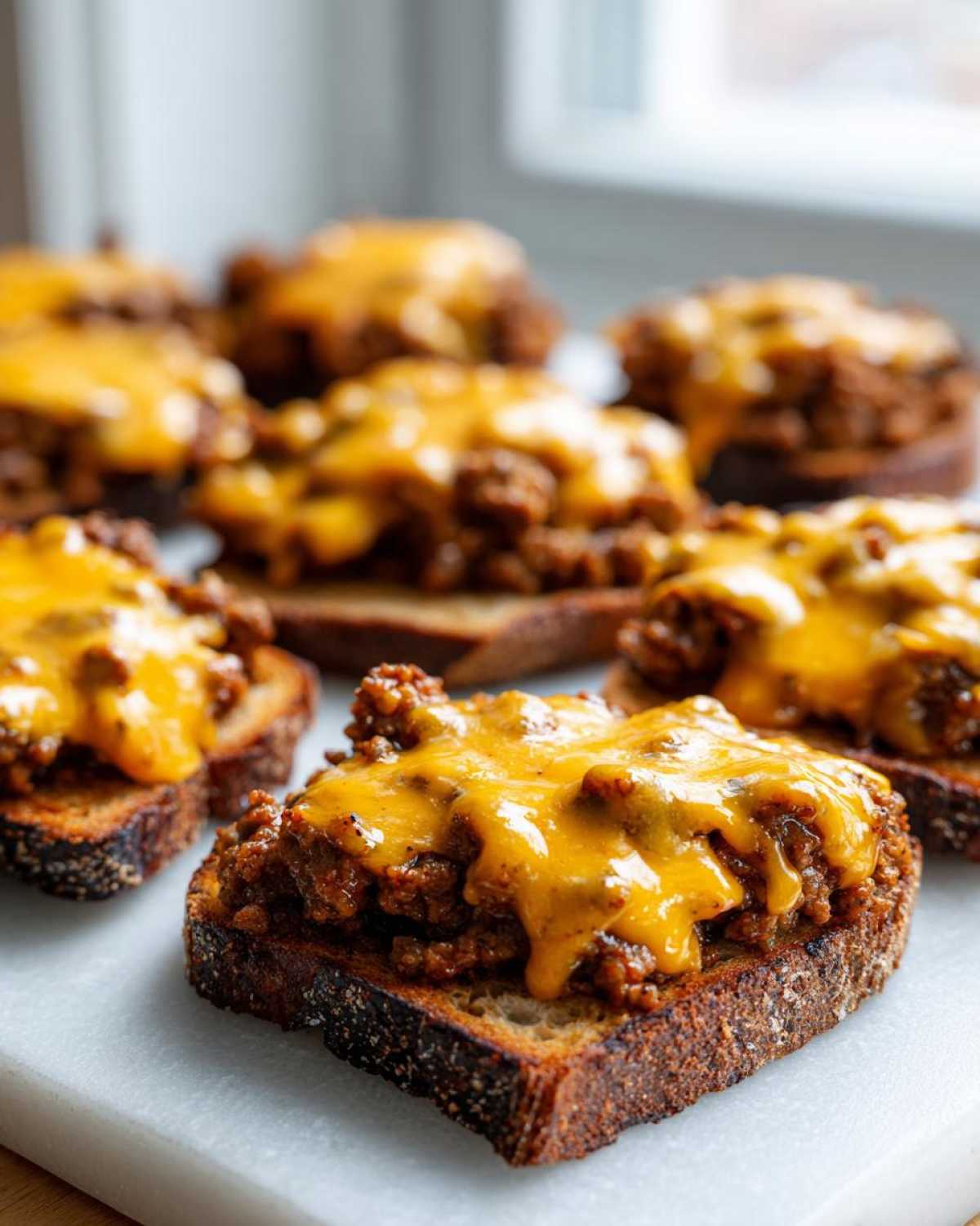 Close-up of open-face sandwiches topped with savory meat mixture and melted cheddar cheese, representing the hanky panky recipe.