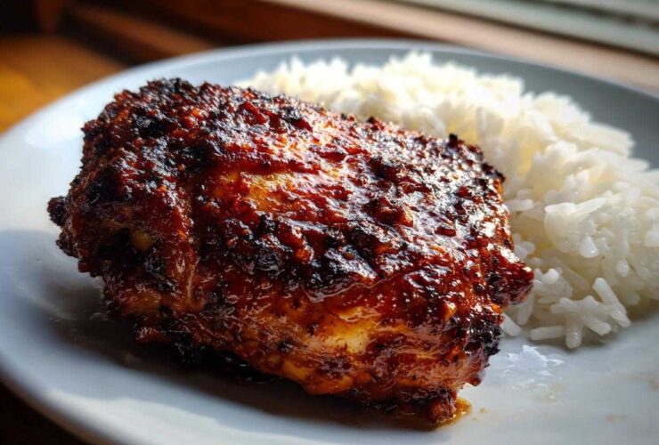 Close-up of a piece of richly glazed, dark red harissa chicken next to a serving of fluffy white rice.