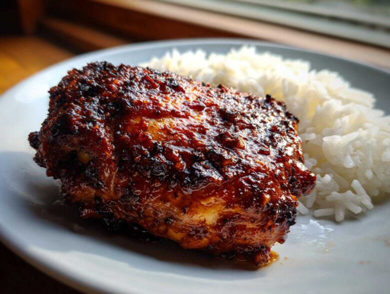 Close-up of a piece of richly glazed, dark red harissa chicken next to a serving of fluffy white rice.