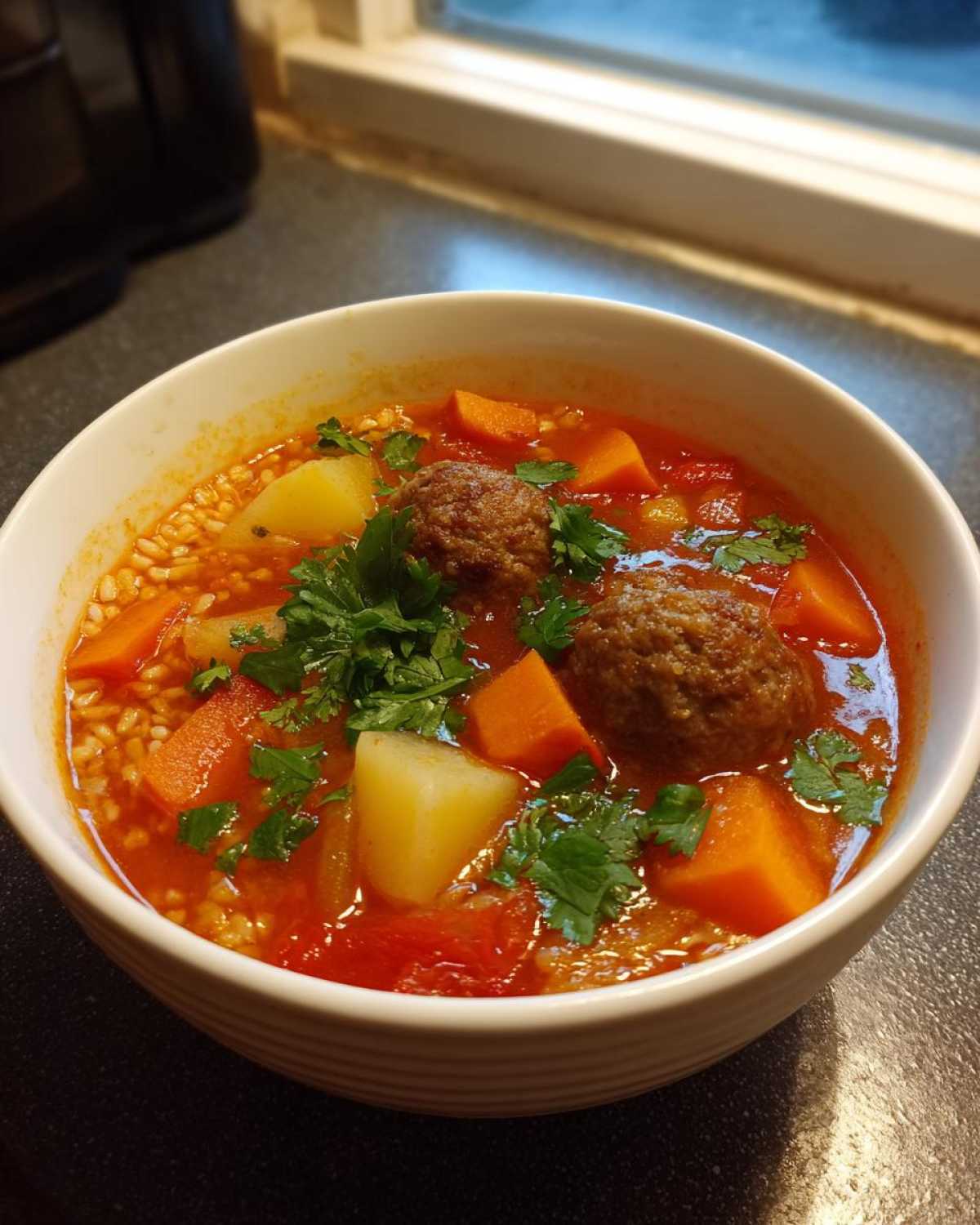 Close-up of a white bowl filled with rich, red albondigas soup featuring meatballs, carrots, potatoes, and fresh cilantro garnish.
