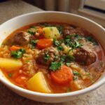 Close-up of a white bowl filled with rich, red broth albondigas soup, featuring meatballs, large potato chunks, carrots, and rice, topped with fresh parsley.