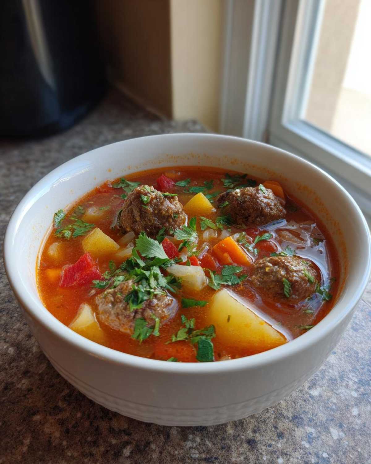 A close-up of a white bowl filled with rich, red albondigas soup, featuring meatballs, potatoes, carrots, and fresh cilantro.